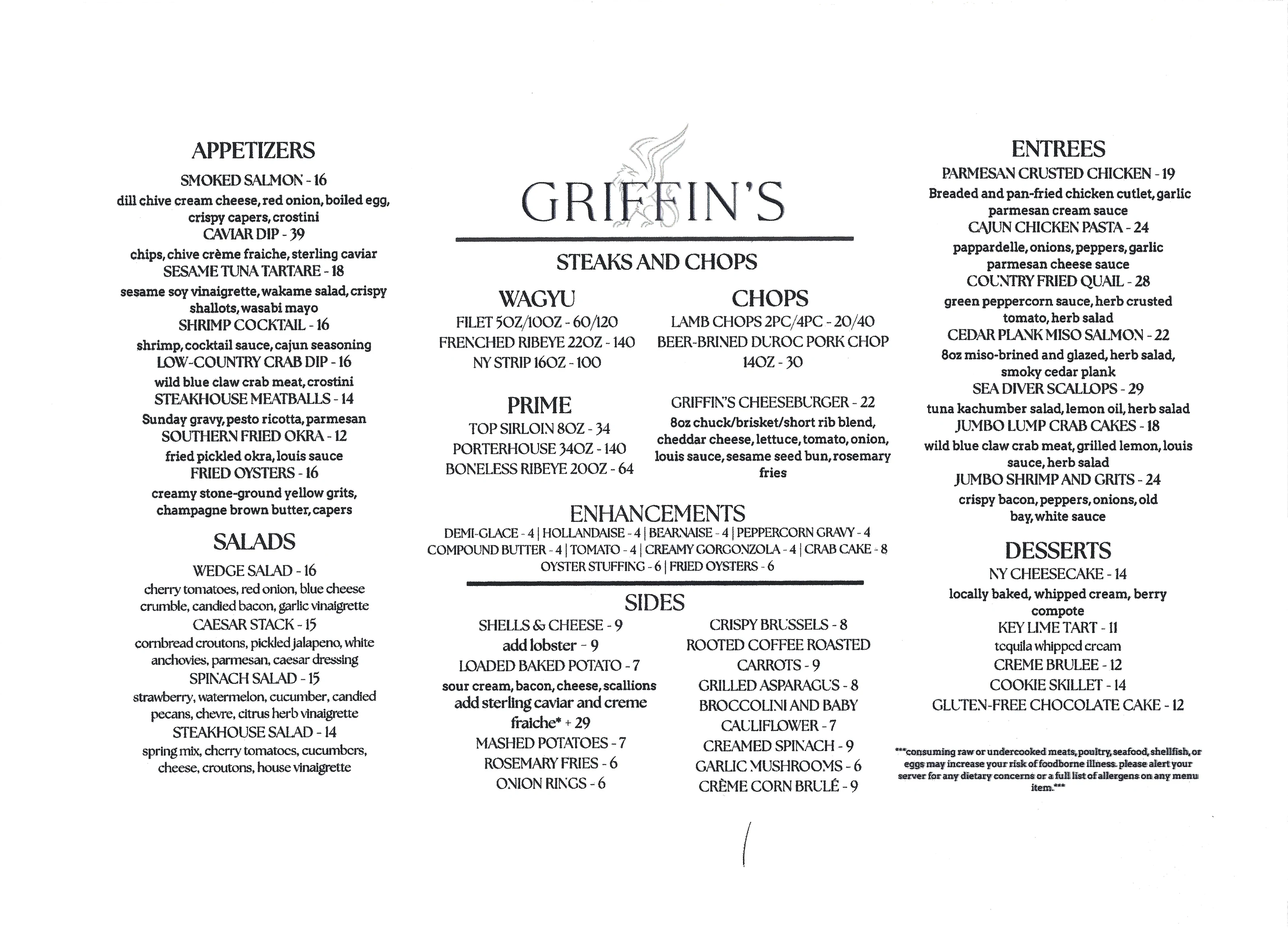 Full Griffin's Steakhouse menu
