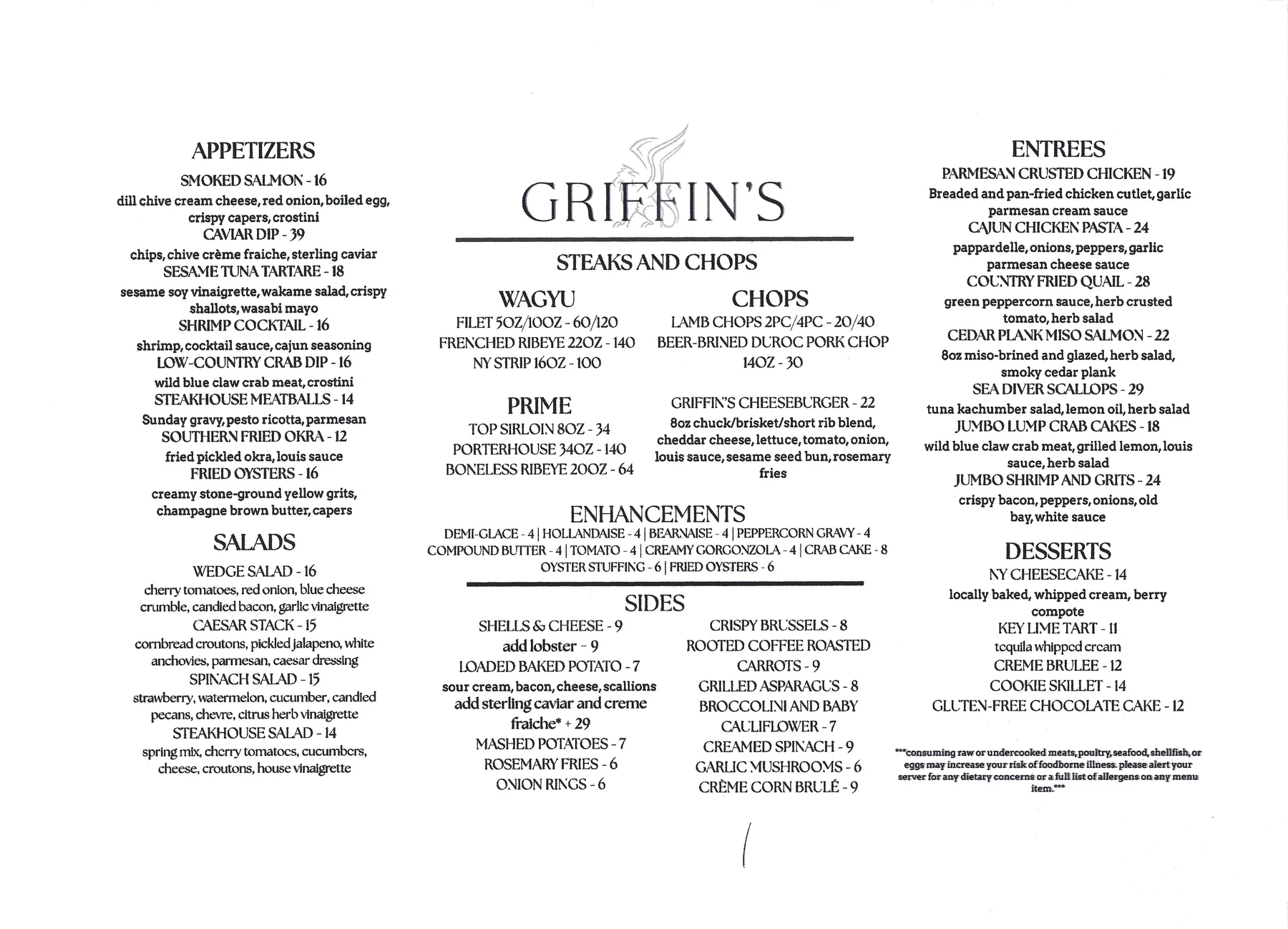 Griffin's Steakhouse menu